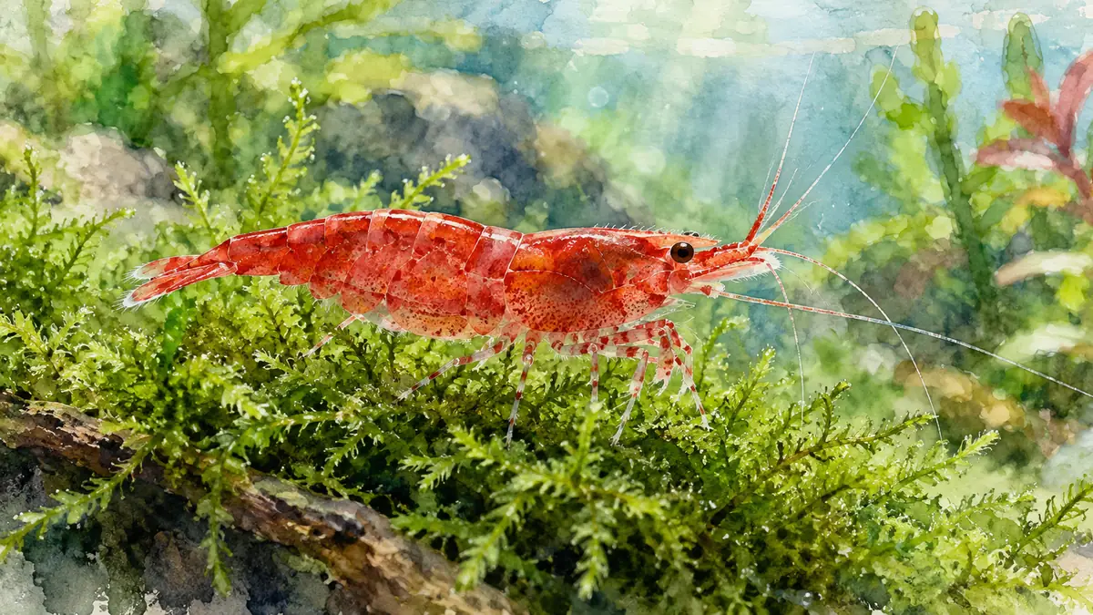 Креветка Neocaridina на мхе в небольшом аквариуме