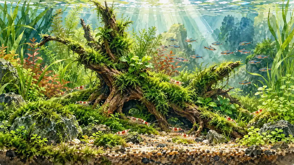 Густые растения и коряга как укрытие для креветок